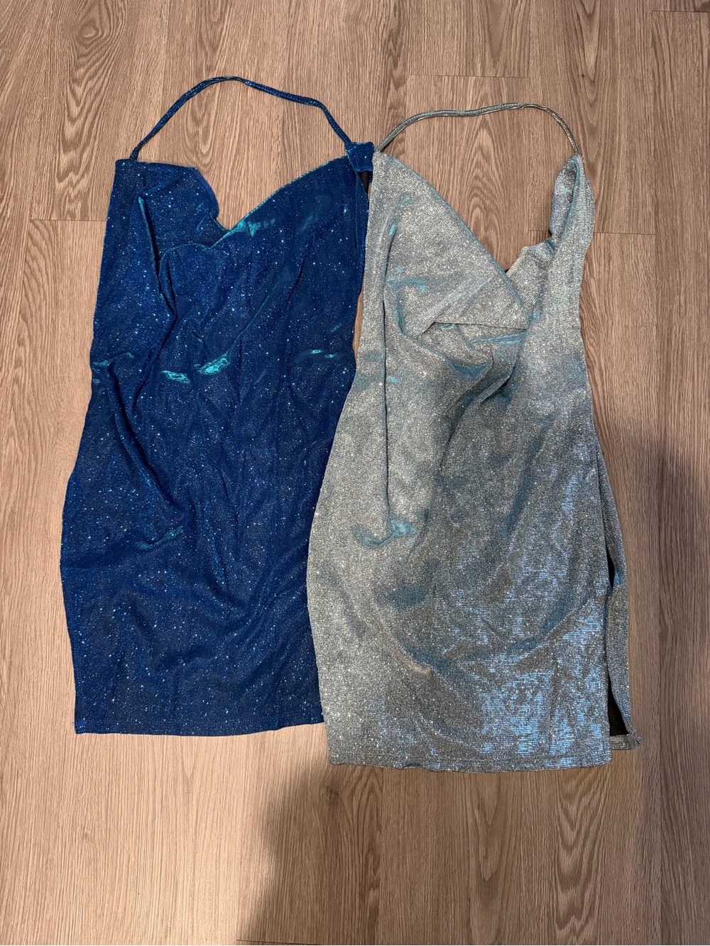Brand New Set of 2 Draped Split Thigh Backless Sparkly Halter Dress size Large